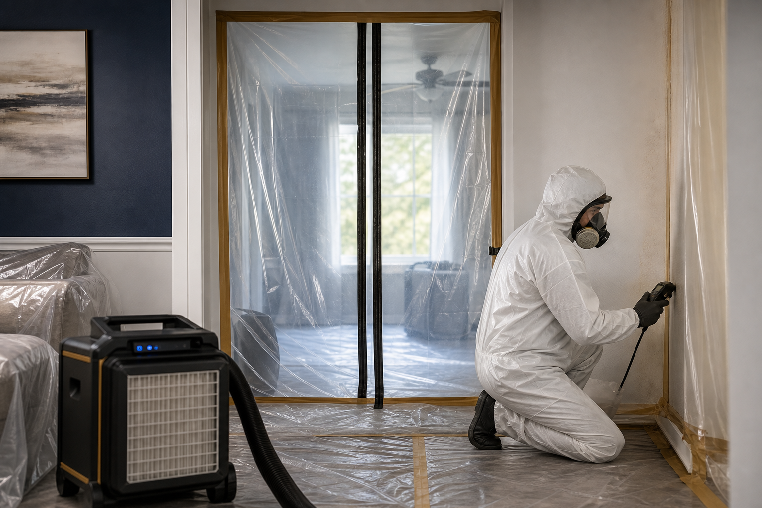 Mold remediation containment with protective barriers and filtration equipment
