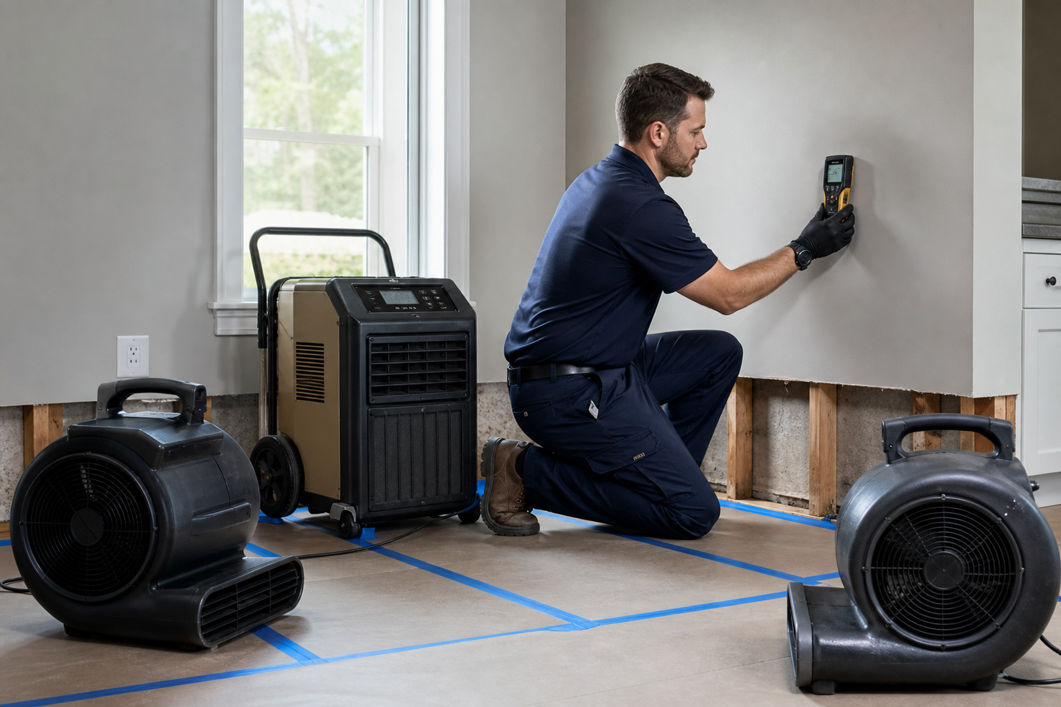Technician checking moisture readings during structural drying