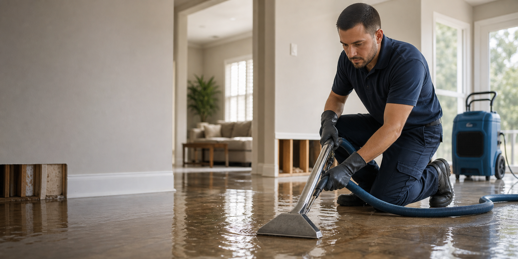 Water extraction technician restoring a home after water damage
